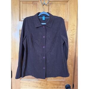 Koret Women Brown Faux Suede Embroidered Button Front Shirt Jacket size Large